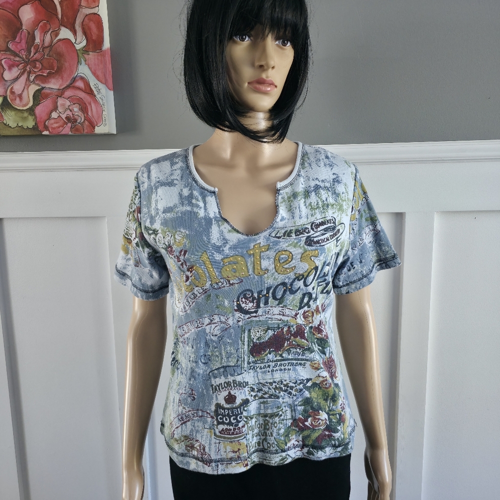 Tellement Vous Top - Vintage "Chocoholic Tee"- Blue/Multicolor, Size M/L